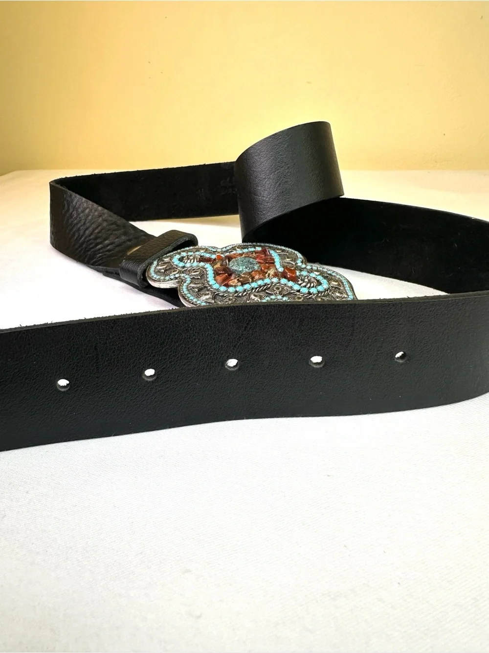 Leatherock Black leather handcrafted artisan buckle turquoise-style cabochons